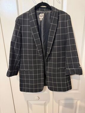 Anne Klein Black Blazer with White Windowpane Grid & 3/4” Sleeves Sz M